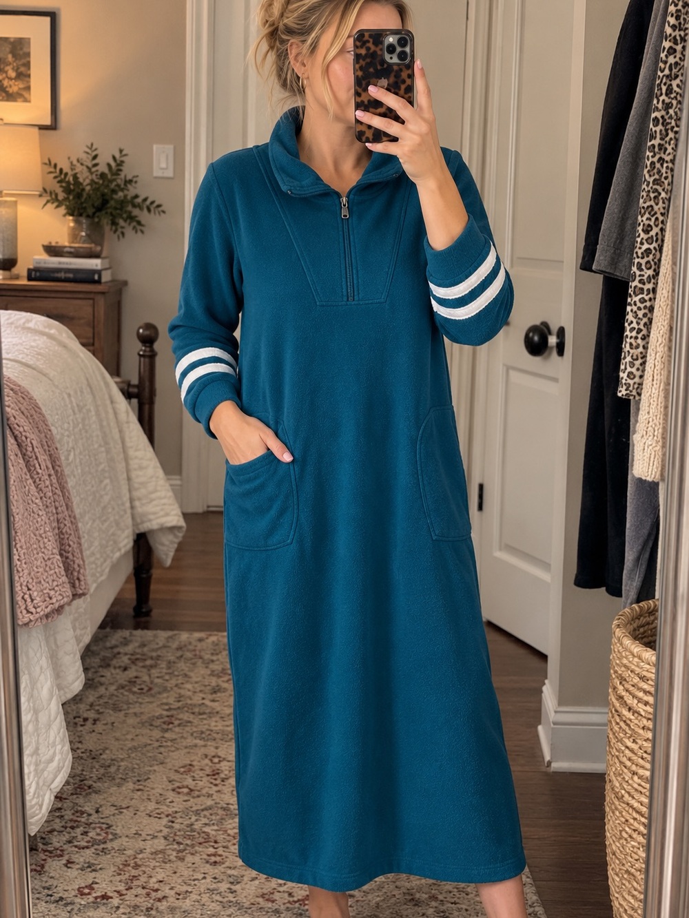 Carole Hochman Fleece Lounger Housecoat Gown Blue Half Zip Pockets Sleepwearโ S